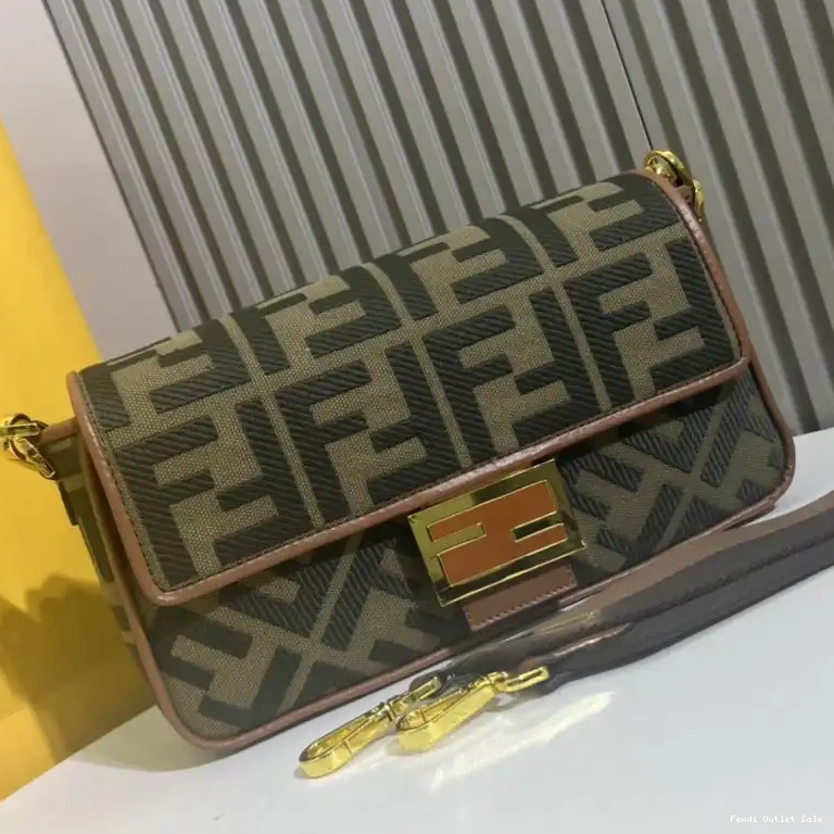 Cheap Bag Fendi Green In FF Canvas Baguette Medium Motif 0629